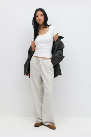 Gina Tricot Linen blend trousers - Pellavahousut - beige - XL - Naiset