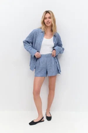 Gina Tricot Linen shorts - pellavashortsit - Sininen - XL - Naiset