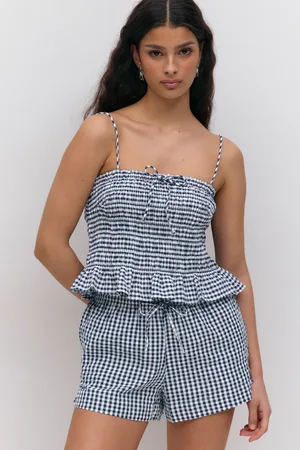 Gina Tricot Seersucker gingham shorts - Shortsit - Sininen - XL - Naiset