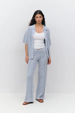 Gina Tricot Crochet stripe trousers - raidalliset housut - Sininen - XL - Naiset