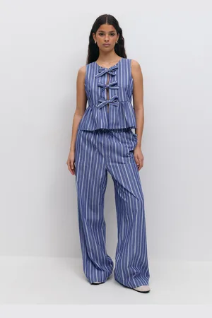 Gina Tricot Cotton poplin trousers - raidalliset housut - Sininen - XL - Naiset