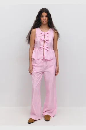 Gina Tricot Cotton poplin trousers - raidalliset housut - Pinkki - XL - Naiset