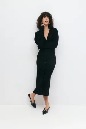 Gina Tricot Knitted button down dress - Neulemekot - Musta - XL - Naiset