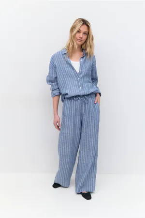 Gina Tricot Wide linen trousers - Pellavahousut - Sininen - 42 - Naiset
