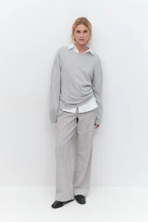Gina Tricot Wide linen blend trousers - Pellavahousut - Harmaa - 42 - Naiset
