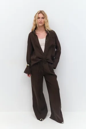 Gina Tricot Wide linen trousers - Pellavahousut - Ruskea - 36 - Naiset