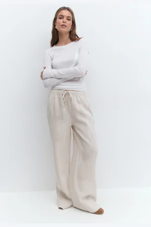 Gina Tricot Wide linen trousers - Pellavahousut - beige - 42 - Naiset