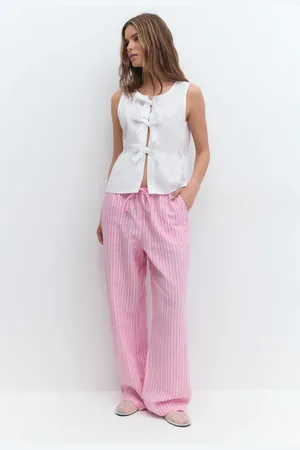 Gina Tricot Linen blend trousers - Pellavahousut - Pinkki - XL - Naiset