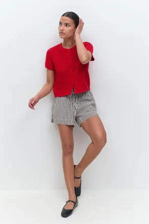 Gina Tricot Seersucker gingham shorts - Shortsit - Ruskea - XL - Naiset