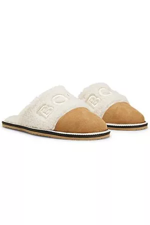HUGO BOSS Faux-fur slippers with embroidered logo and contrast toe
