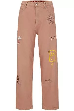 HUGO BOSS Naiset Suorat Farkut - Relaxed-fit jeans in overdyed denim with doodle motifs