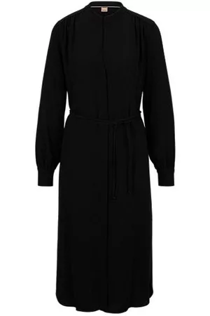 HUGO BOSS Naiset Midimekot - Belted shirt dress with collarless styling and button cuffs