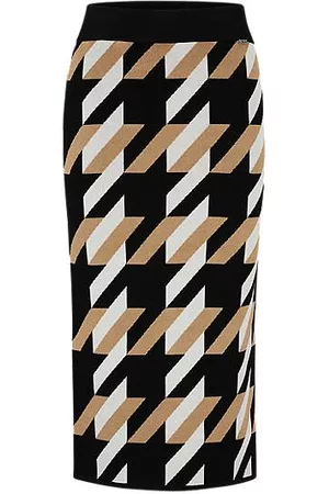HUGO BOSS Naiset Printtihameet - Knitted jacquard-pattern pencil skirt with logo trim