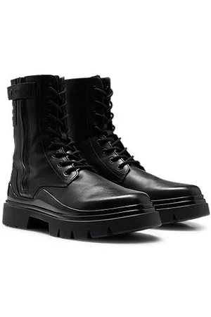 HUGO BOSS Miehet Nauhalliset saappaat - Leather lace-up boots with branded strap
