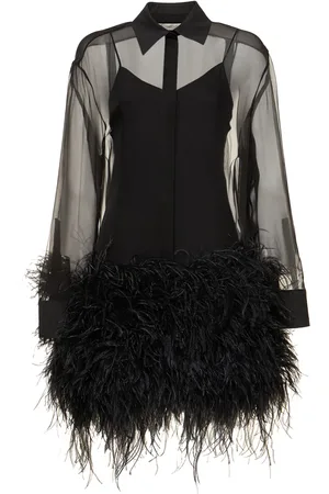 VALENTINO Silk Chiffon Mini Shirt Dress W/feathers