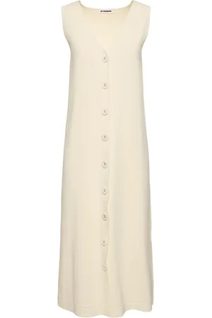 Jil Sander Cotton Blend Rib Knit V Neck Midi Dress