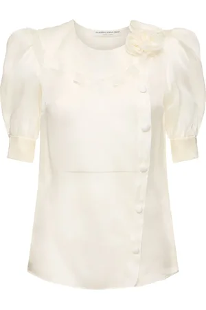 Alessandra Rich Silk Organza Blouse W/ Rose Appliqués