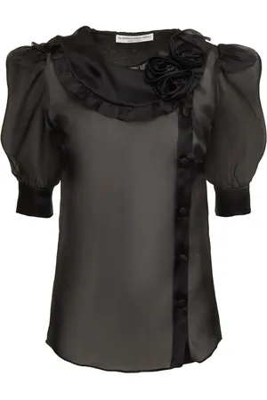 Alessandra Rich Silk Organza Blouse W/ Rose Appliqués