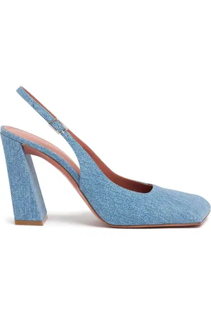 Amina Muaddi 95mm Charlotte Denim Print Slingbacks