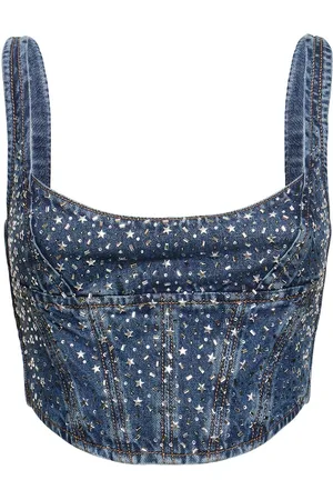 Alessandra Rich Denim Bustier Top W/crystals