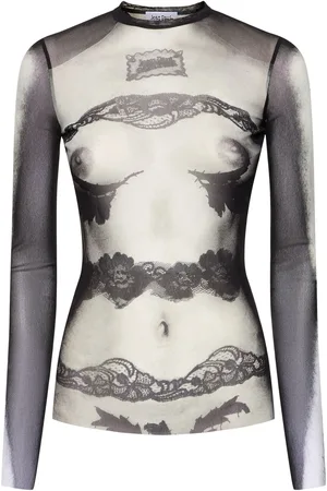 Jean Paul Gaultier Body Lace Mariniere Printed Mesh Top