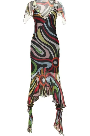 Puccini Chiffon Marmo Print Ruffle Midi Dress