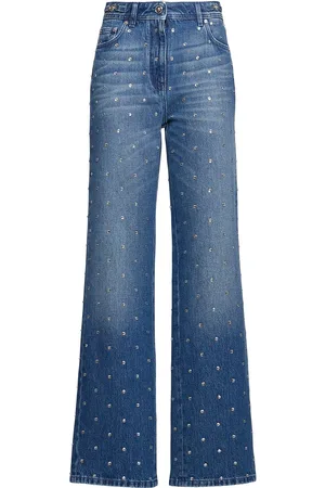 VERSACE Cotton Denim Straight Jeans W/crystals