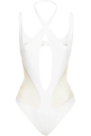 MUGLER Crossed Halter Cutout Mesh Bodysuit