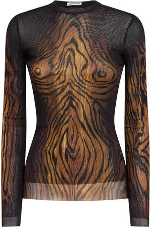 Jean Paul Gaultier Wood Printed Mesh Long Sleeve Top