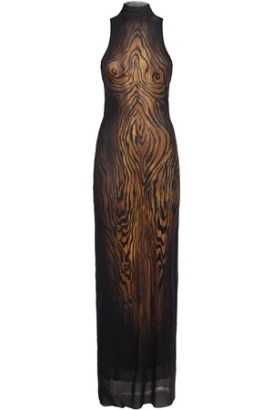 Jean Paul Gaultier Double-layer Printed Mesh Long Dress