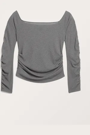 Monki Ruched off shoulder ribbed top