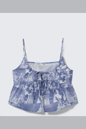 Monki Printed Cotton Poplin Tie-Front Pyjama Top