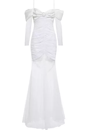 Rasario Off-shoulder satin and lace gown