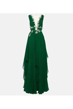 Costarellos Embroidered V-neck draped silk gown