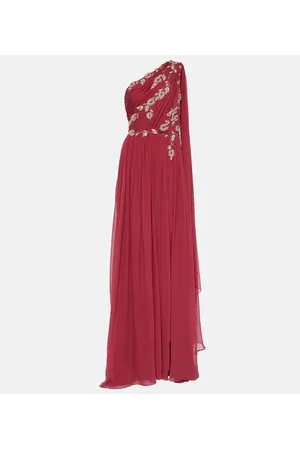 Costarellos One-shoulder embroidered silk gown