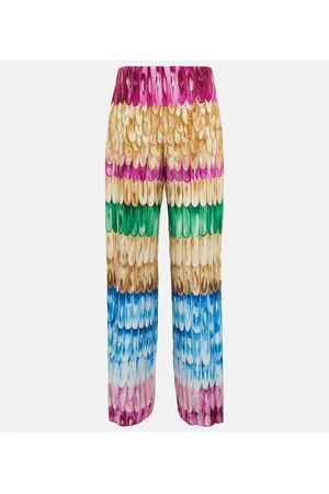 VALENTINO Feather-print wide-leg silk pants