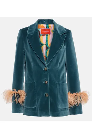 La DoubleJ Feather-trimmed cotton velvet blazer
