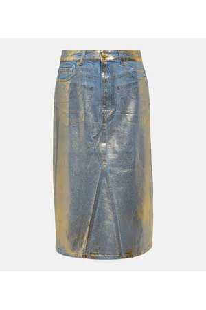 Ganni Foiled denim midi skirt