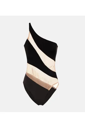 Norma Kamali Snake paneled mesh one-shoulder swimsuit