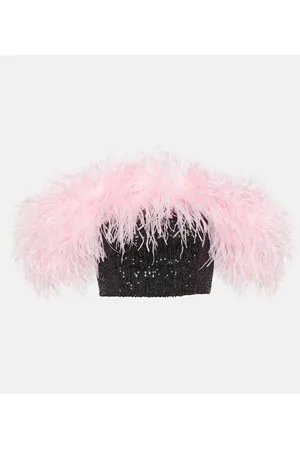Self-Portrait Feather-trimmed sequined crop top