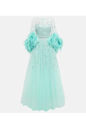 Jenny Packham Imani embellished faux-feather trimmed gown