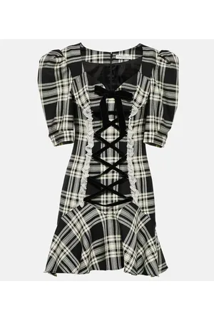 Alessandra Rich Lace-up checked wool minidress