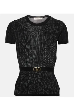 VALENTINO Belted ribbed-knit wool top