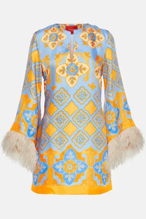 La DoubleJ Printed feather-trimmed silk minidress