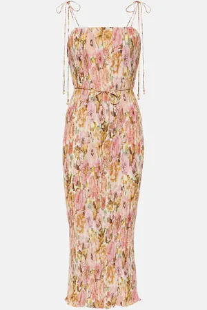 ZIMMERMANN Golden pleated floral slip dress