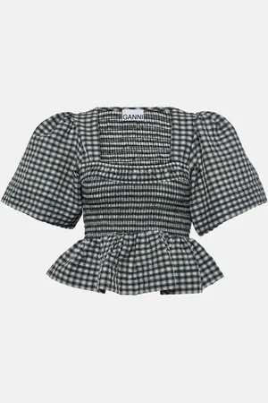 Ganni Checked seersucker peplum top
