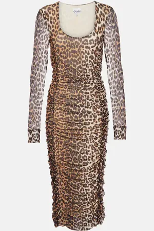 Ganni Leopard-print ruched mesh midi dress
