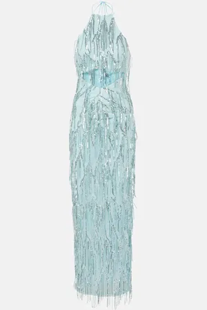 ROTATE Cutout fringed sequined maxi dress