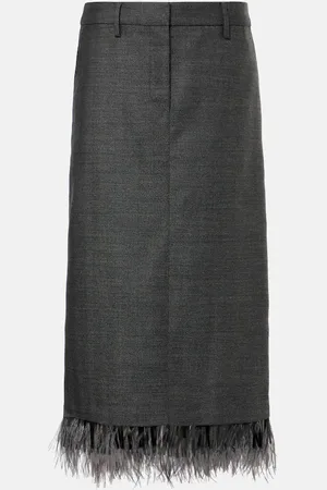 Brunello Cucinelli Feather-trimmed virgin wool midi skirt