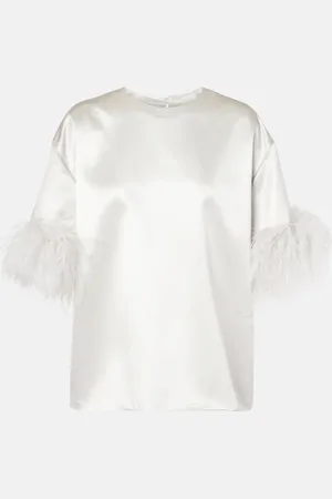 VALENTINO Feather-trimmed silk satin top